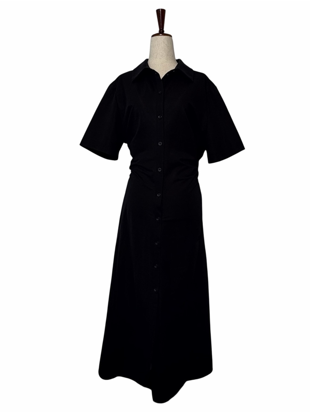 COS Gathered Waist Shirt Dress Black Midi Button Front Short Sleeve Large